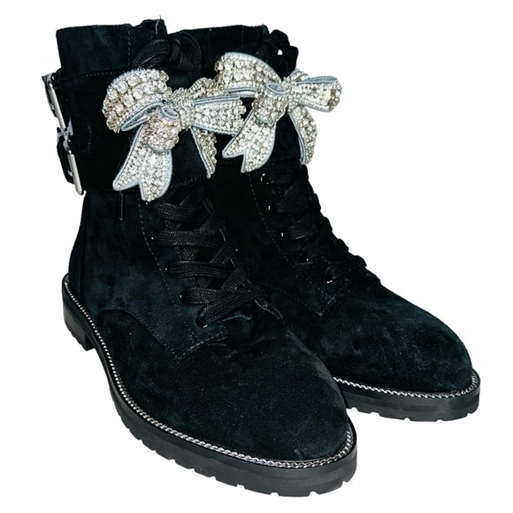 Kurt Geiger London Sutton Bow Black Suede Combat Boots Ankle Boot 6.5  /  37 - Picture 1 of 7